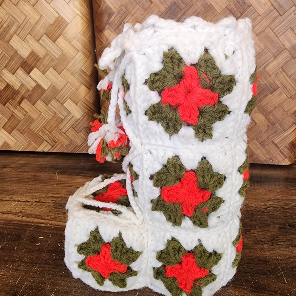 Vintage Handmade Crochet Christmas Boot Holder Granny Squares White Red Green